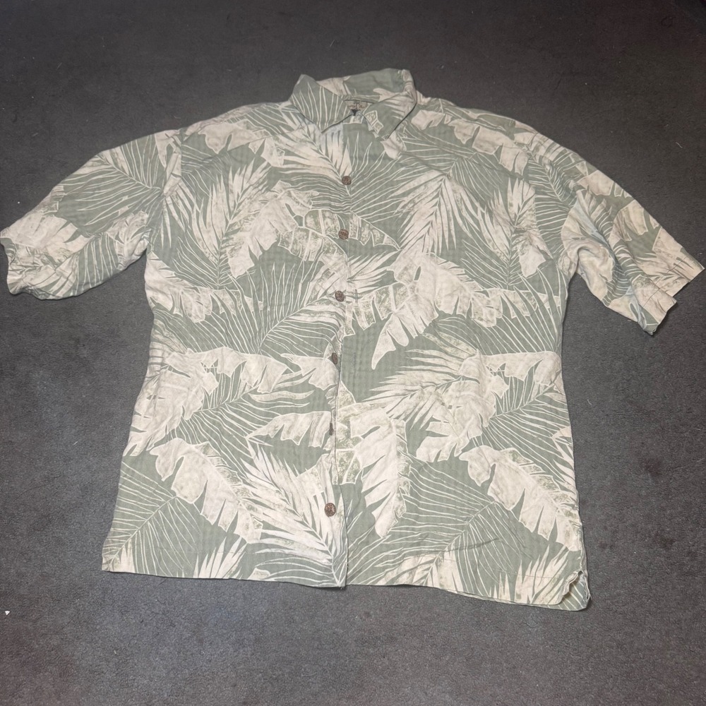 Tommy Bahama Mens Sage Green Silk Tropical Palm Leaf Button Down Camp Shirt M